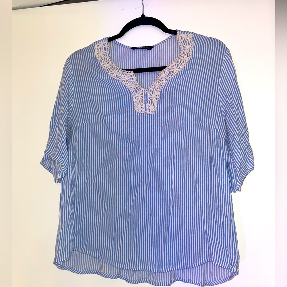 Blue & White Striped Flowy Blouse
